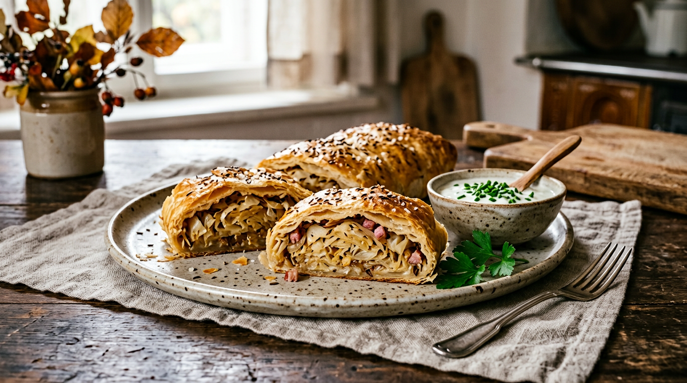 Goldbraun gebackener Krautstrudel frisch aus dem Backrohr aufgeschnitten mit cremigen Kräuter-Sauerrahm-Dip