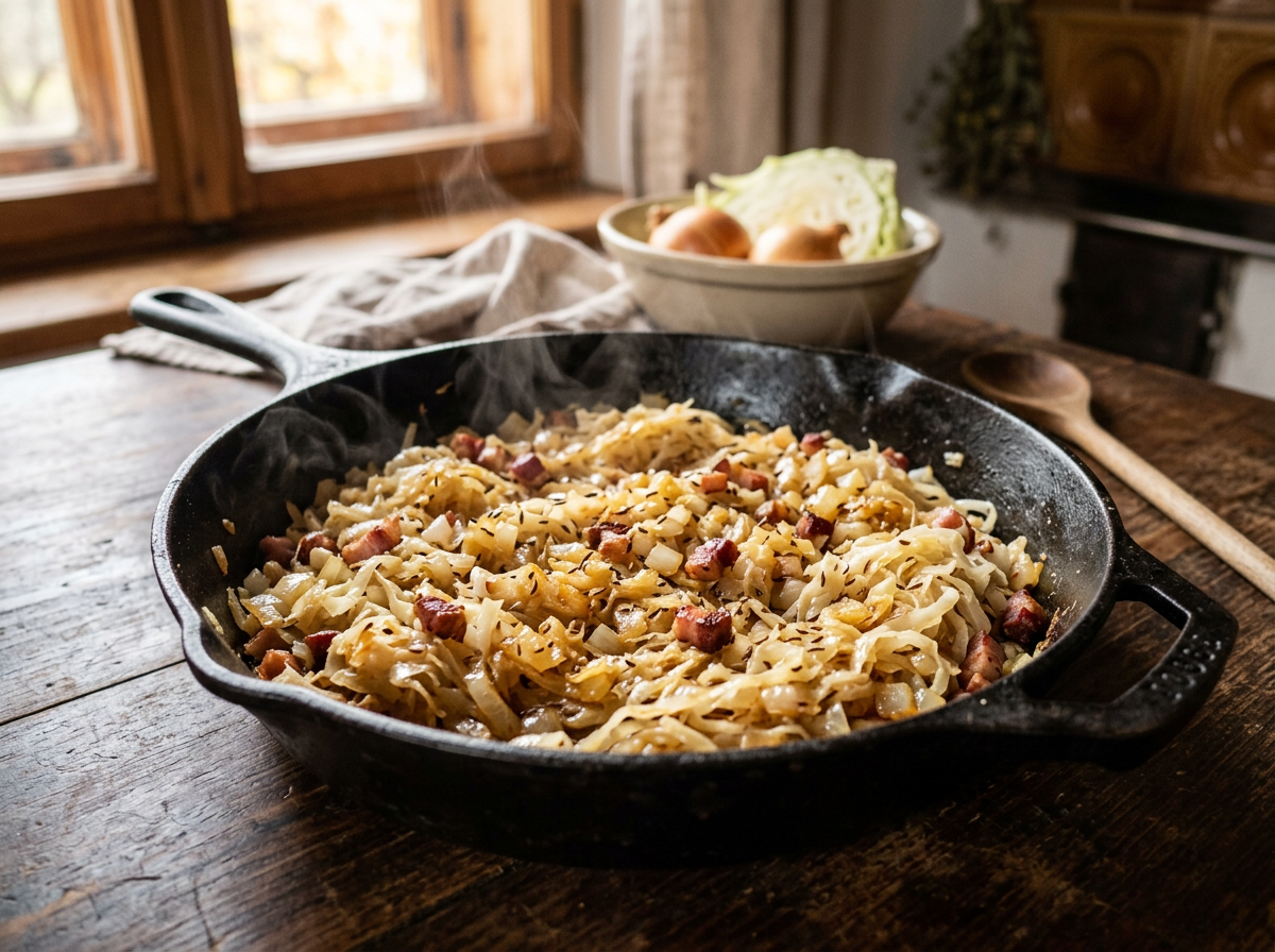 Fein gehobeltes Kraut wird mit Zwiebeln und Kümmel in der gusseisernen Pfanne sanft geschmort