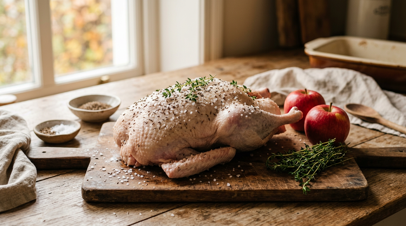 Vorbereitung der Gans mit grobem Meersalz, Äpfeln und Majoran