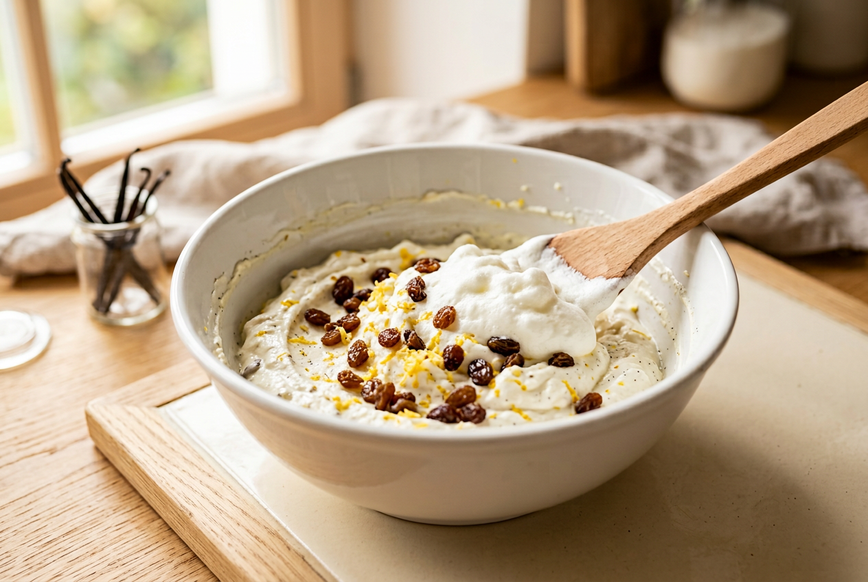 Zubereitung der cremigen Topfenfülle mit Bourbon-Vanille und Rumrosinen