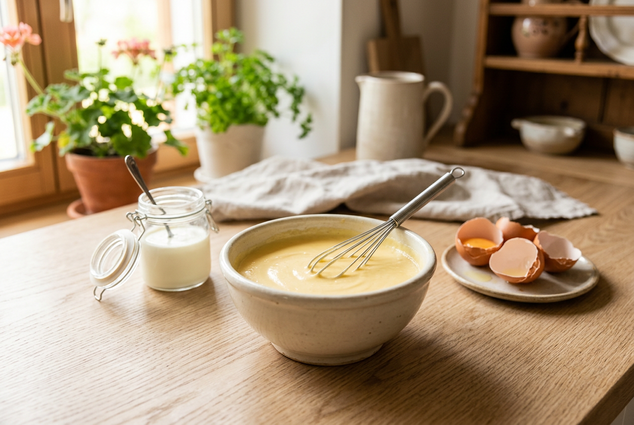 Verquirlen des cremigen Rahmgusses mit frischem Sauerrahm und Eidottern