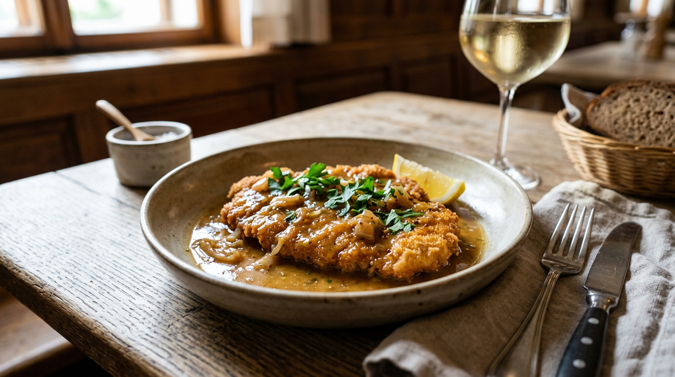 Saftiges österreichisches Naturschnitzel in glänzender Natursauce auf einem Holztisch angerichtet