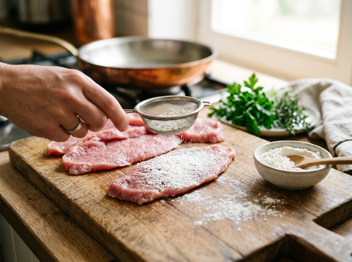 Frisches Schnitzelfleisch wird auf dem Schneidebrett vorbereitet und bemehlt
