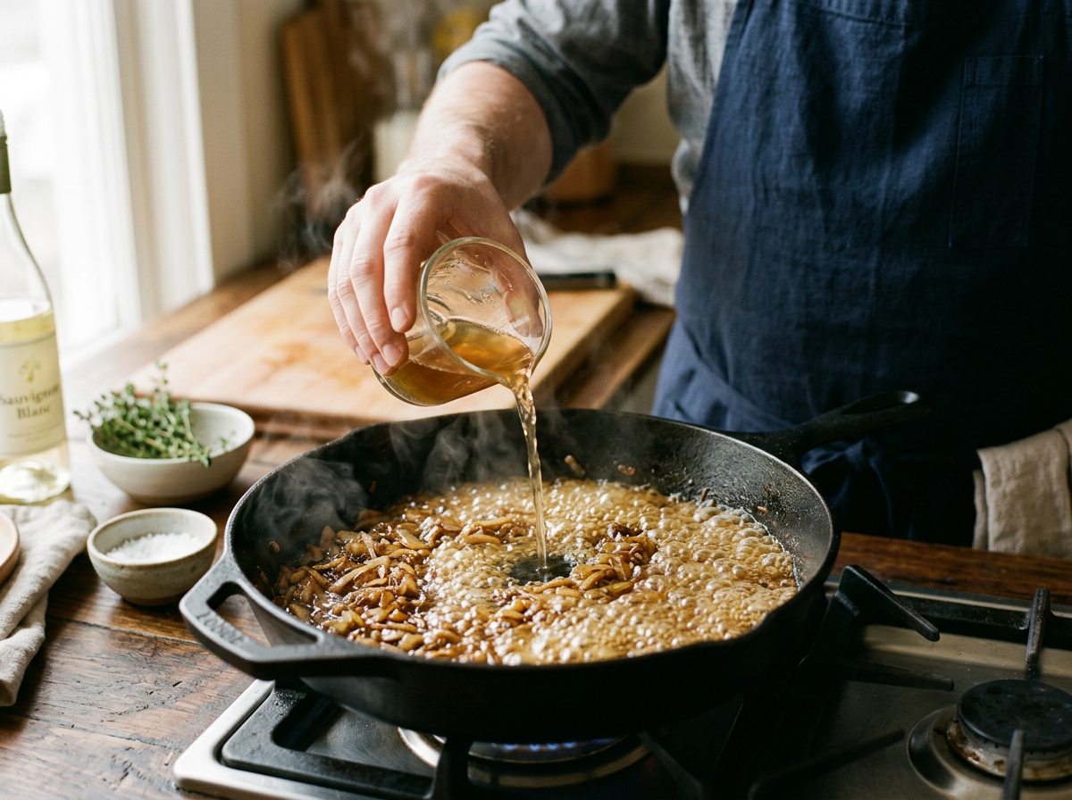 Ablöschen des Bratensatzes mit Weißwein und Rindssuppe in der Pfanne