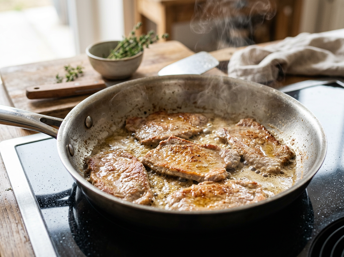Schnitzel werden in heißem Butterschmalz in der Pfanne goldbraun angebraten