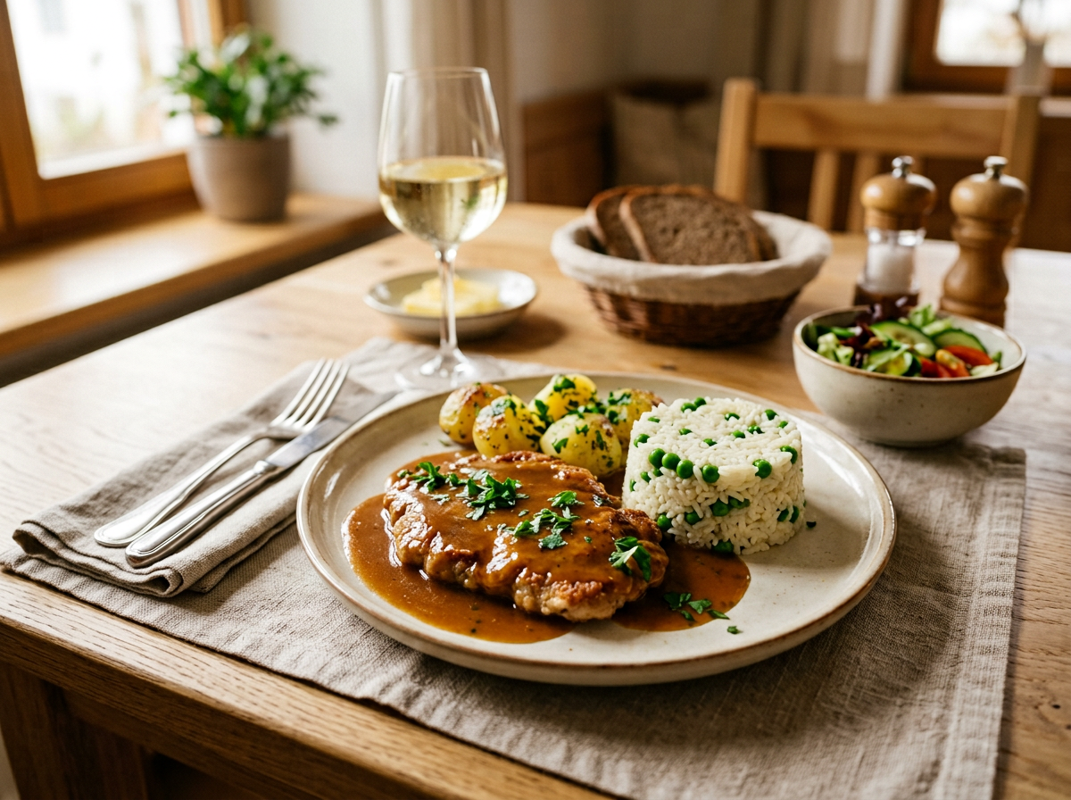 Fertig serviertes Naturschnitzel mit Butterschlagreis und Petersilerdäpfeln