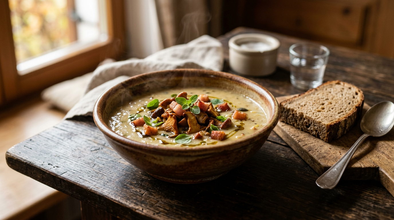 Dampfende Schale traditioneller Altwiener Erdäpfelsuppe mit Waldpilzen und frischem Majoran