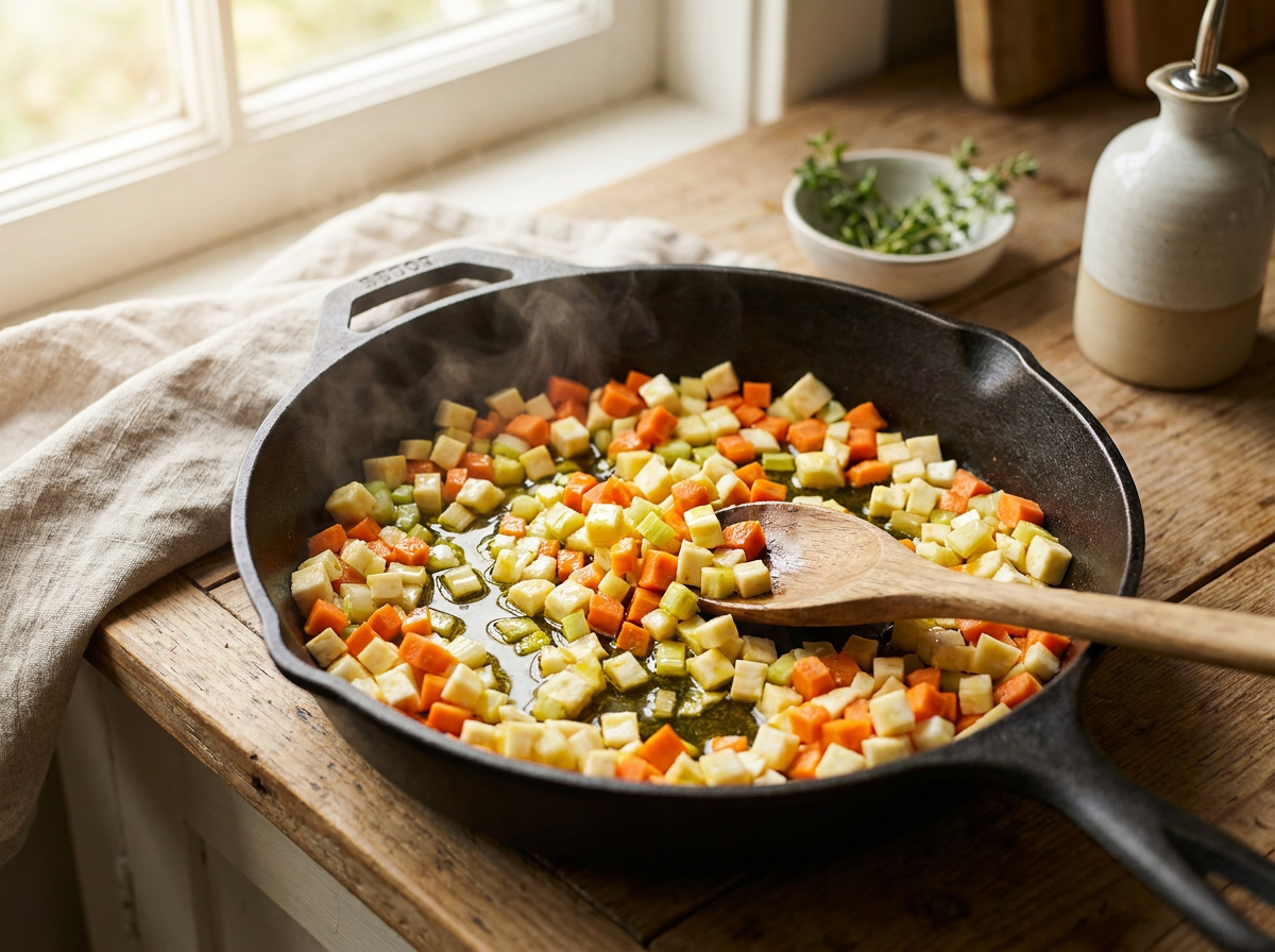 Gewürfeltes Wurzelgemüse mit Karotten, Sellerie und Peterwurzen sanft dünstend in der Pfanne