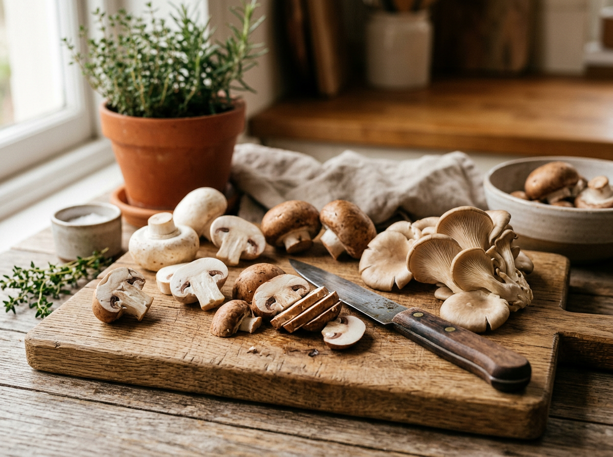 Auswahl an frischen Pilzen wie Champignons, Austernpilzen und Kräuterseitlingen auf rustikalem Holzbrett