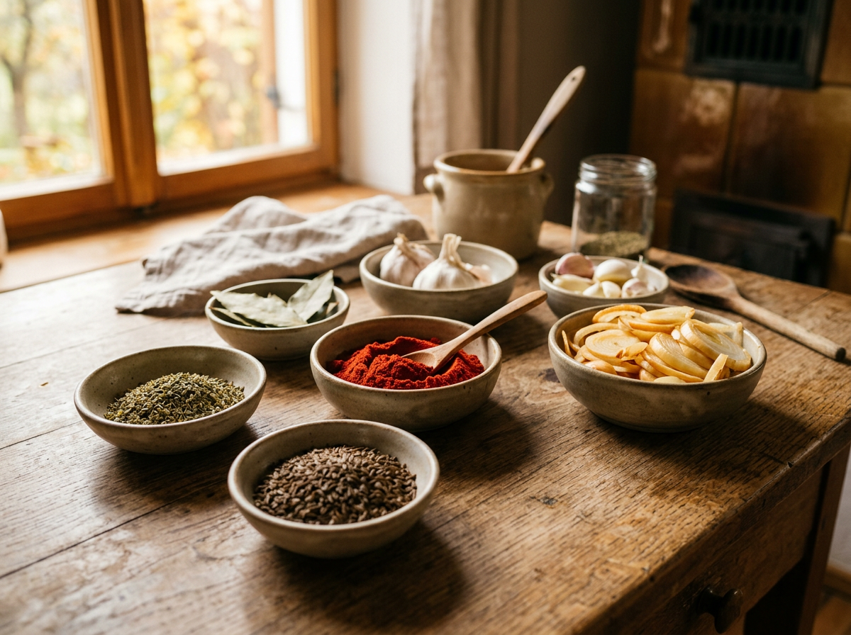 Gewürze für traditionelles Kürbisgulasch mit Paprika, Kümmel, Knoblauch und Majoran
