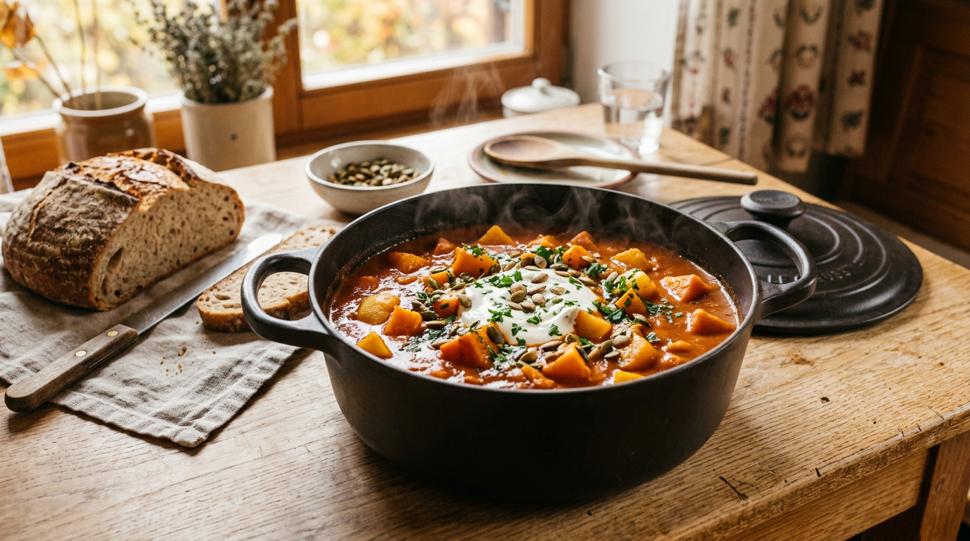 Dampfendes vegetarisches Kürbisgulasch mit Erdäpfeln, cremigem Sauerrahm und Kürbiskernöl garniert