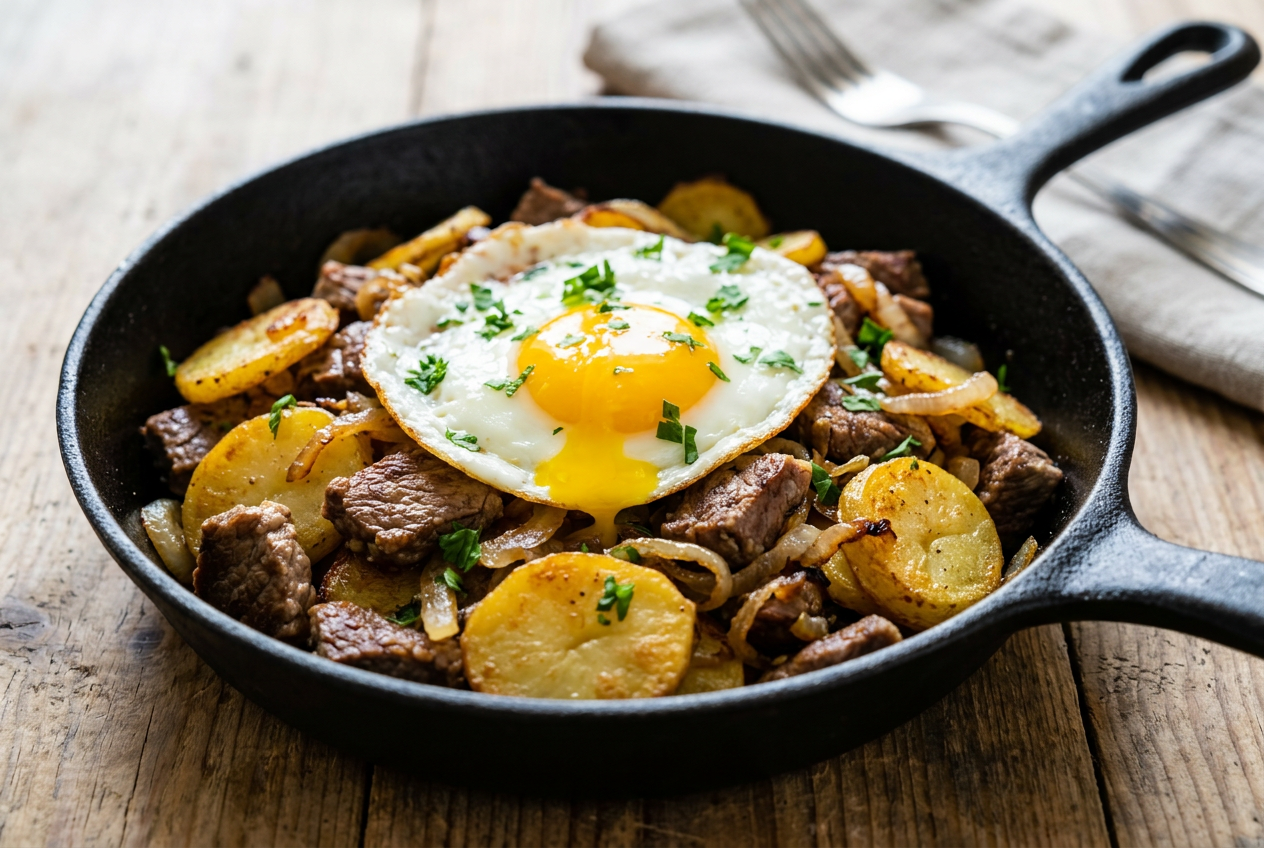Frisch gebratenes Tiroler Gröstl mit Rindfleisch, knusprigen Erdäpfeln und Spiegelei in der gusseisernen Pfanne