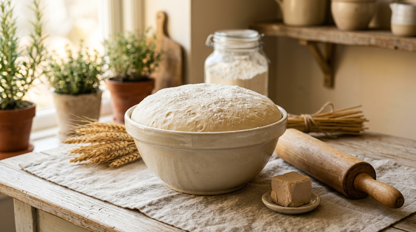 Frischer österreichischer Germteig in einer Schüssel mit Hefewürfel und Backzutaten