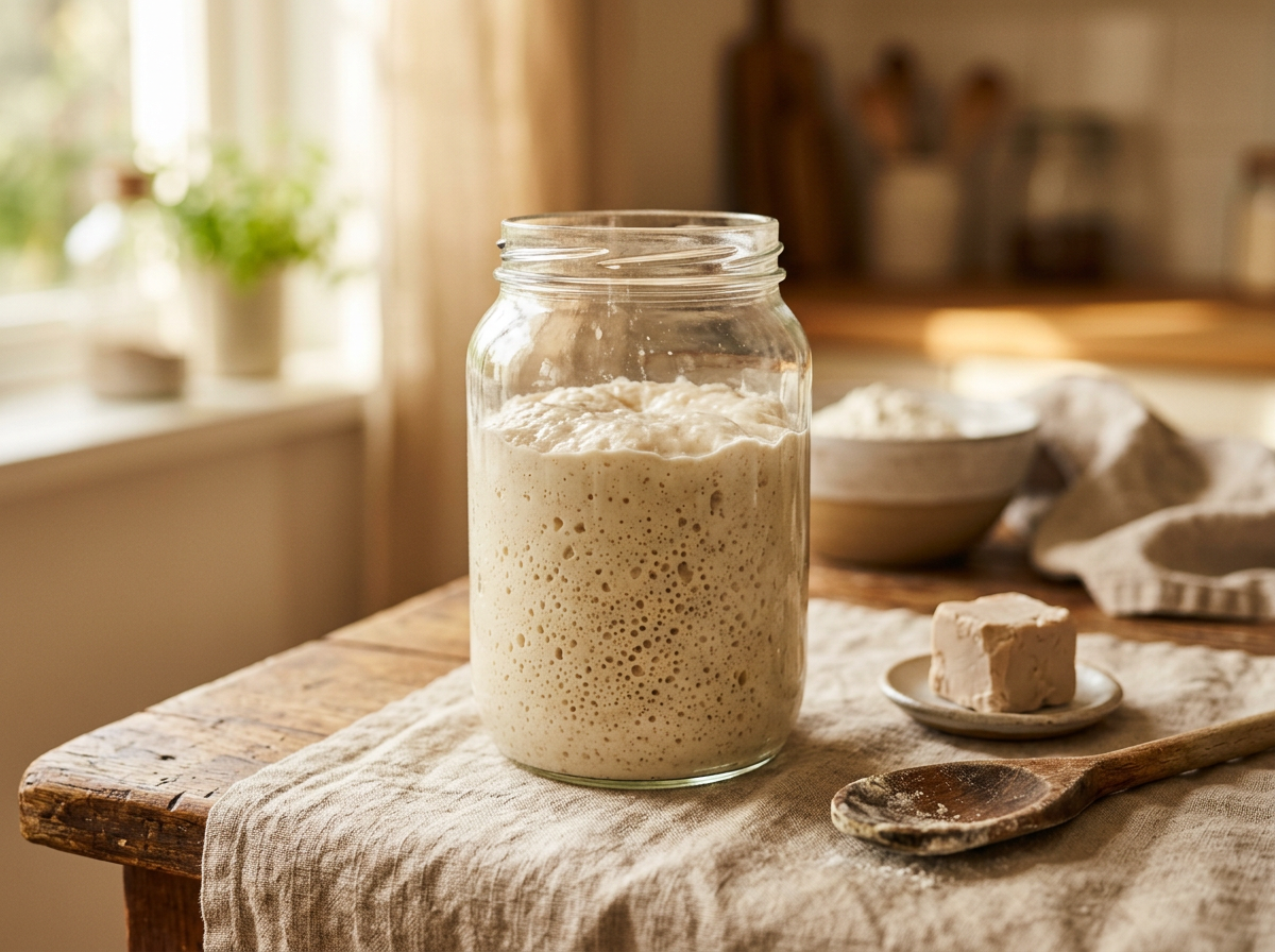 Aktiv schäumendes Dampfl in einem Glas mit frischem Hefewürfel