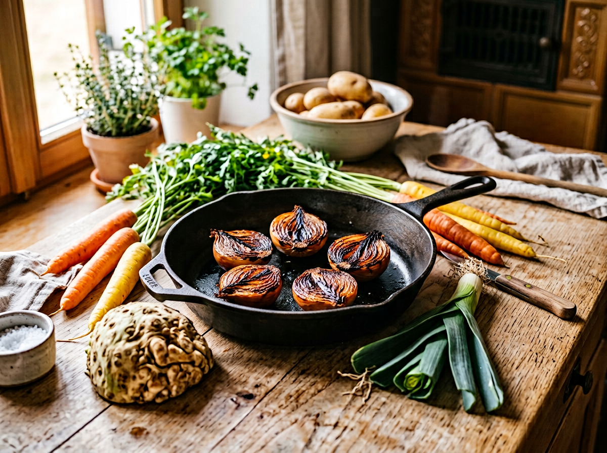 Halbierte scharf angeröstete Zwiebel und frisches Suppengrün mit gelben Rüben und Karotten