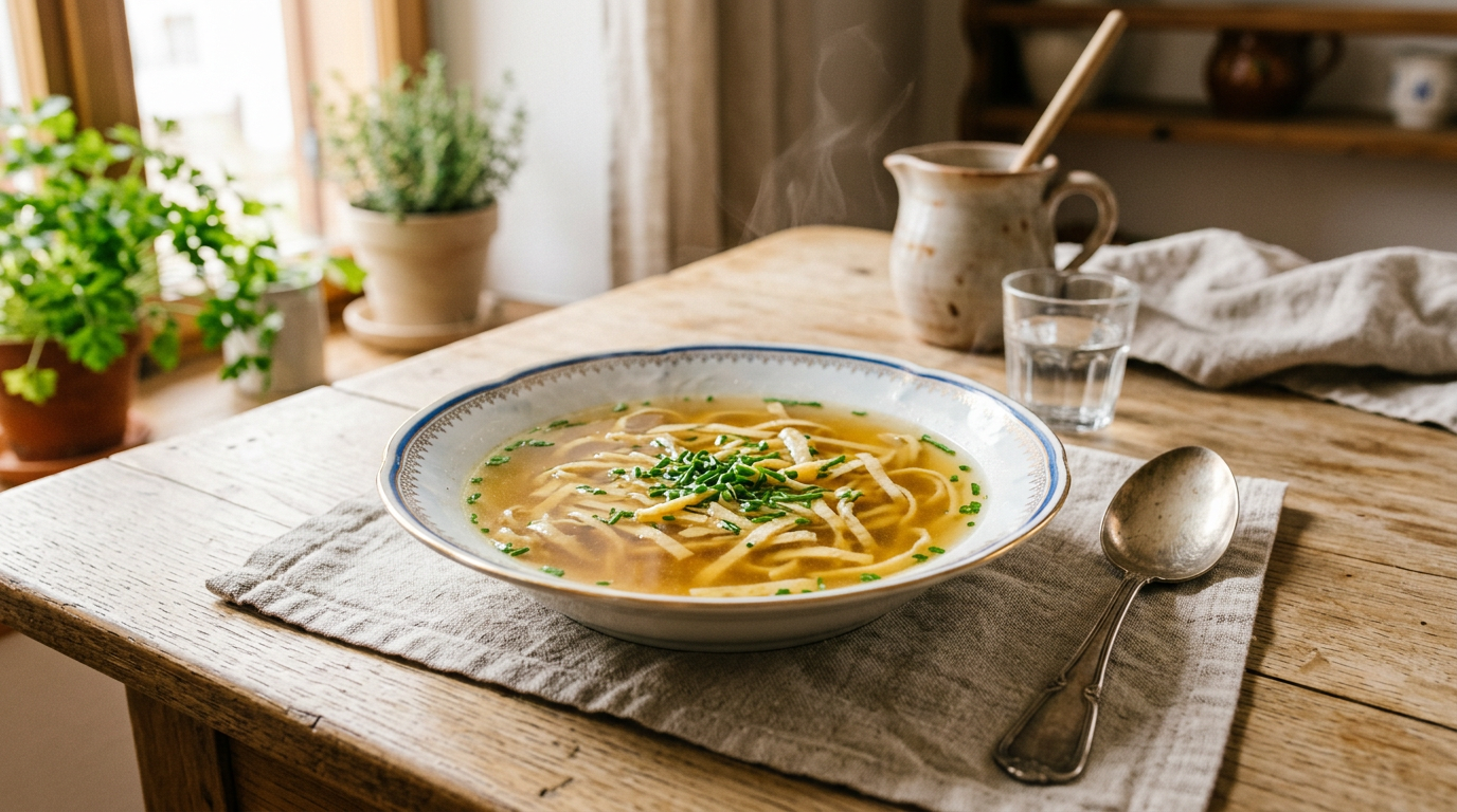 Dampfende goldgelbe Wiener Rindsuppe serviert mit feinen Frittaten und frischem Schnittlauch
