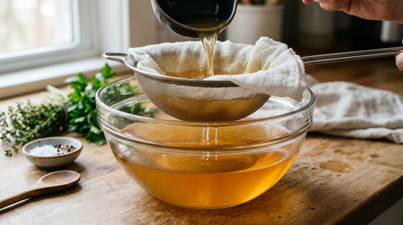 Klären und Abseihen der goldenen Rindsuppe durch ein feines weißes Tuch in eine Glasschüssel