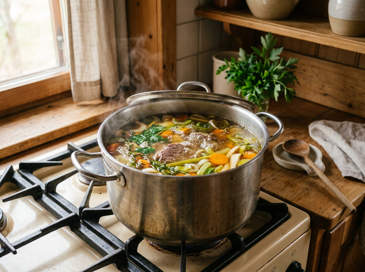 Großer Kochtopf mit sanft köchelnder goldgelber Wiener Rindsuppe und Wurzelgemüse