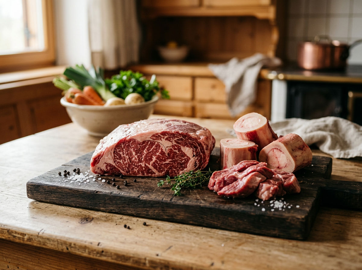 Auswahl an frischem österreichischem Suppenfleisch, Tafelspitz und Markknochen auf einem Holzbrett