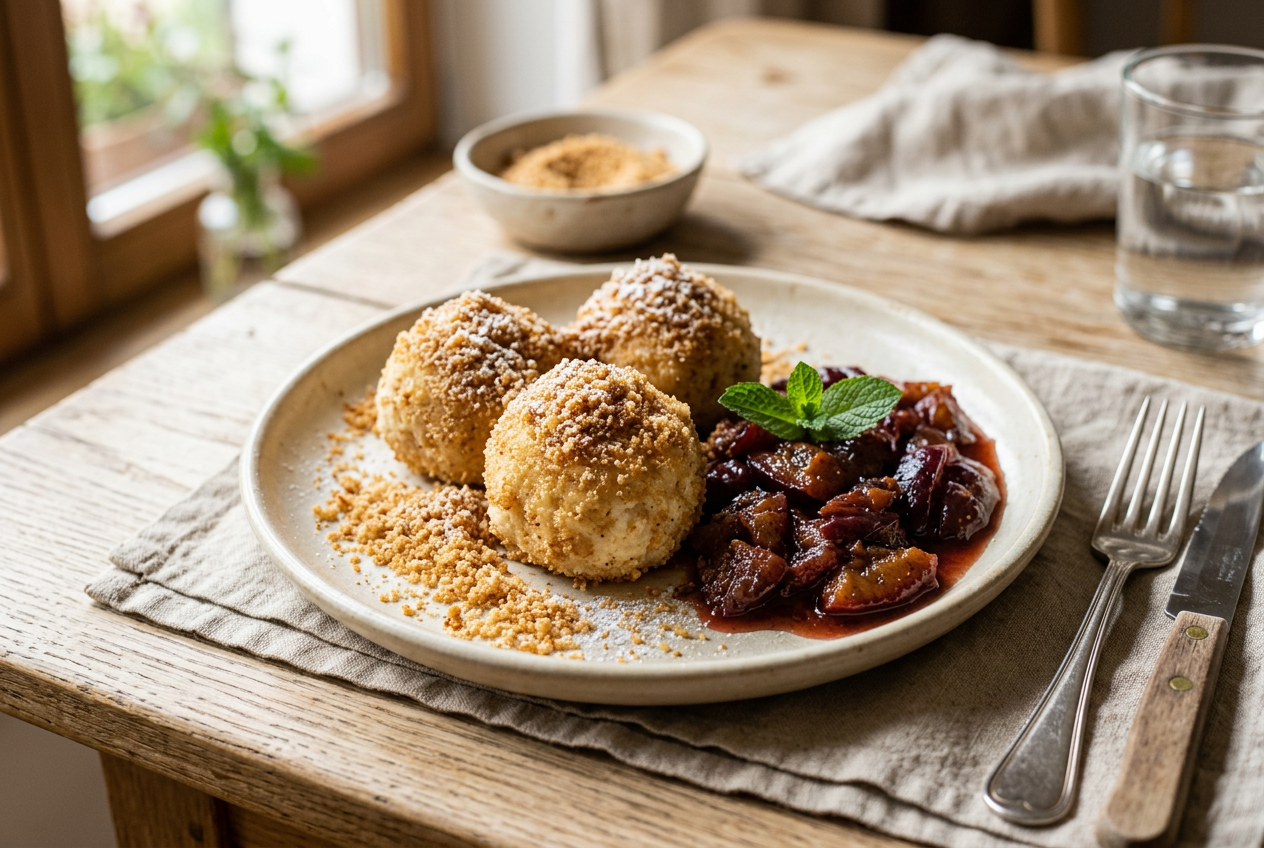 Flaumige österreichische Topfenknödel in feinen Butterbröseln mit Zwetschkenröster serviert