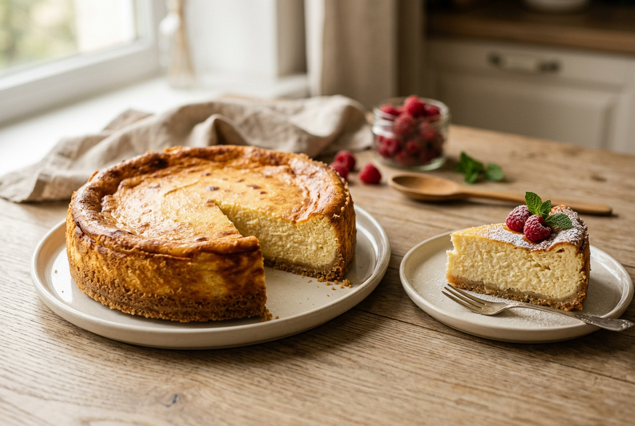 Goldbraun gebackener traditioneller Käsekuchen auf einer Kaffeetafel