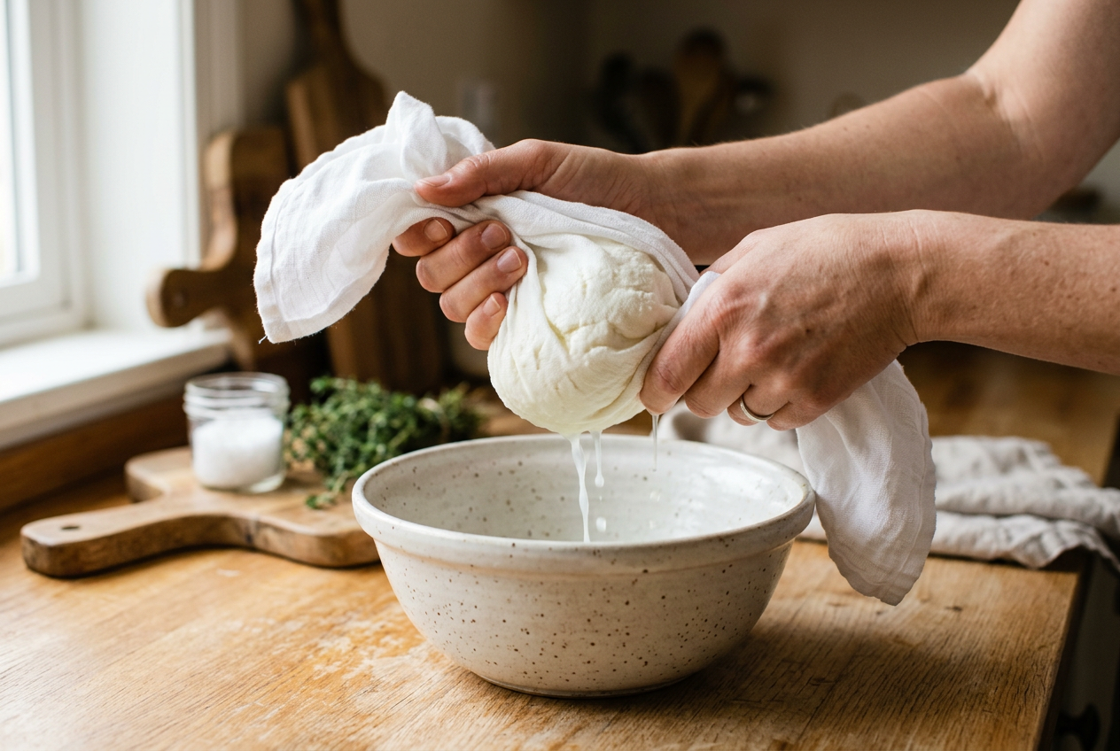 Frischkäse im Küchentuch behutsam mit den Händen ausdrücken