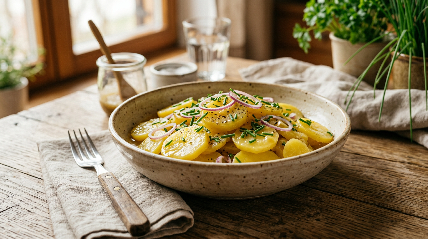 Klassischer Wiener Erdäpfelsalat mit feinen Schnittlauchröllchen und zart glänzender Marinade