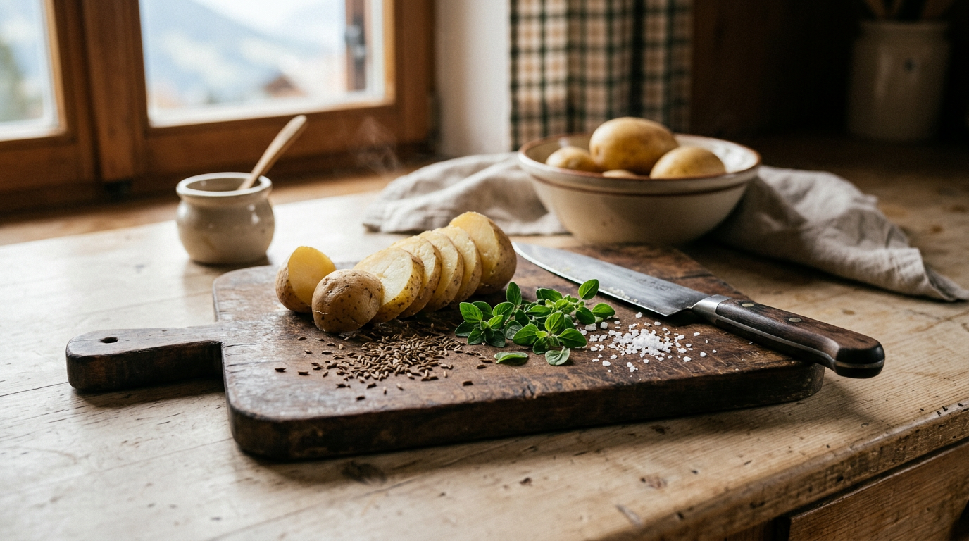 Zubereitung von rustikalen Braterdäpfeln und Tiroler Gröstl mit Kümmel und frischem Majoran