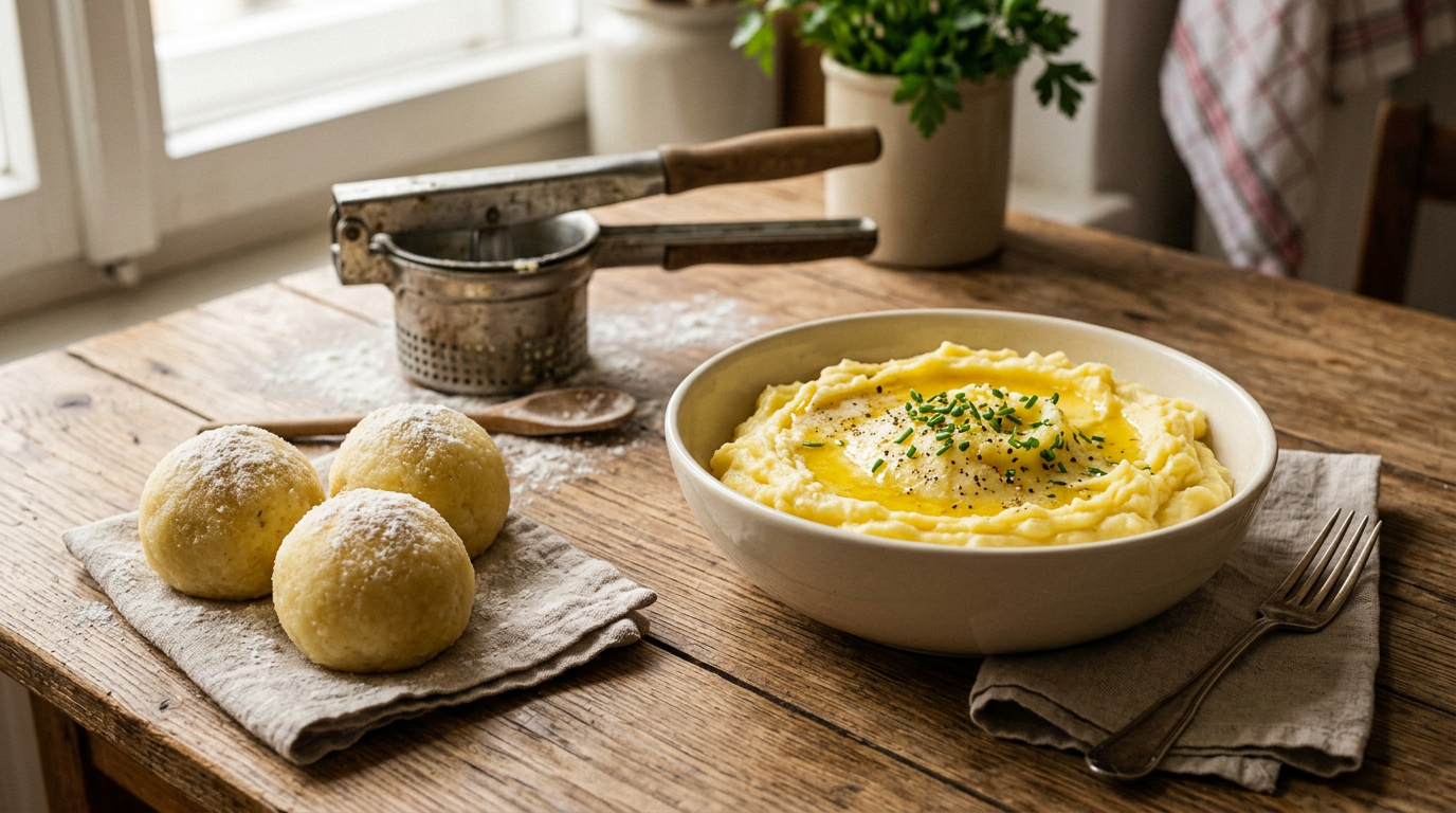 Samtiges Erdäpfelpüree mit zart zerlassener Butter und frisch geformten Erdäpfelknödeln