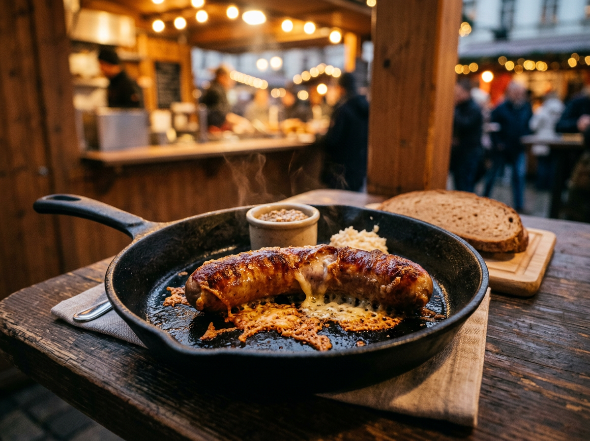 In der Pfanne gebratene Käsekrainer mit goldgelb knusprig ausgebackenem Käsefuß