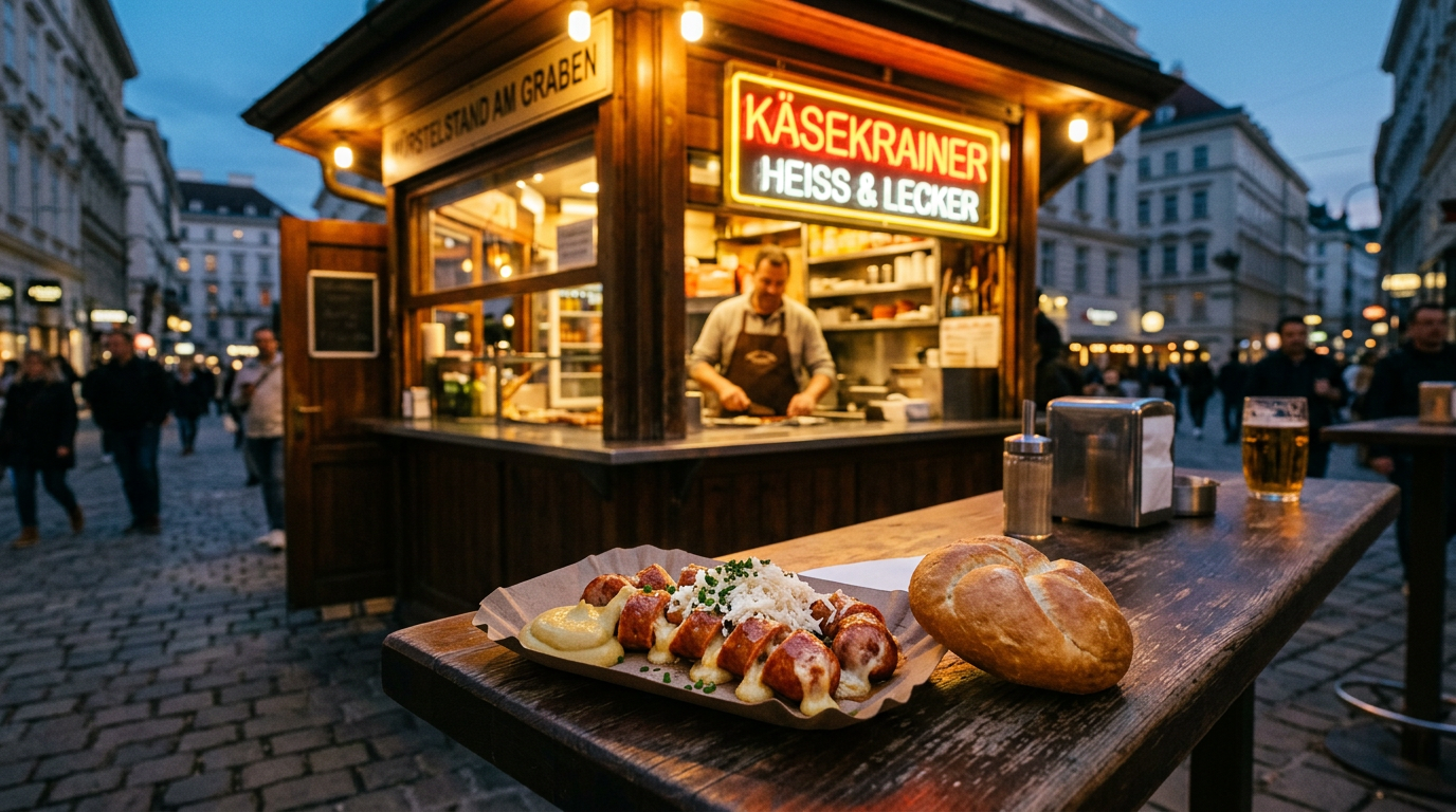Wiener Würstelstand bei Nacht mit dampfenden Käsekrainern und Gästen im warmen Scheinwerferlicht
