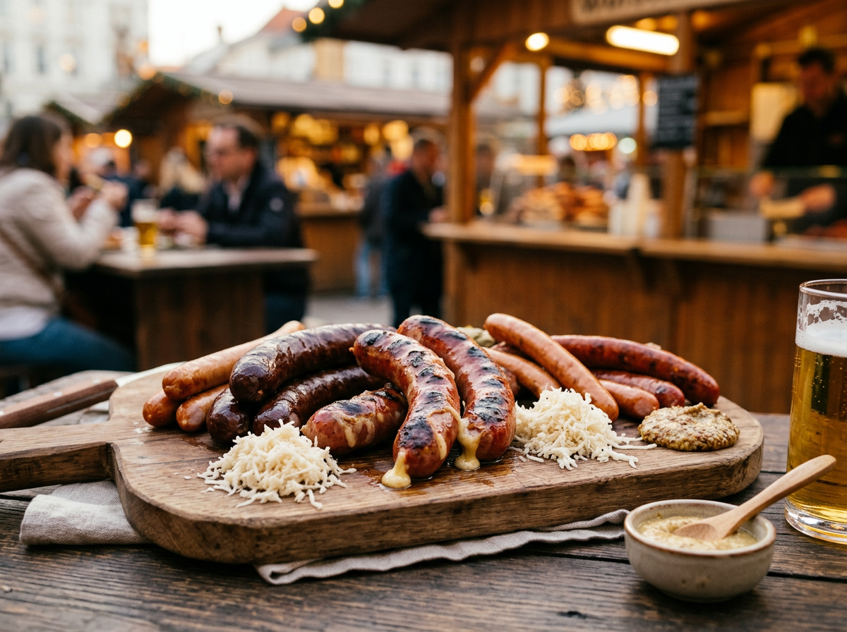 Auswahl österreichischer Würstelspezialitäten mit Käsekrainer und Frankfurter