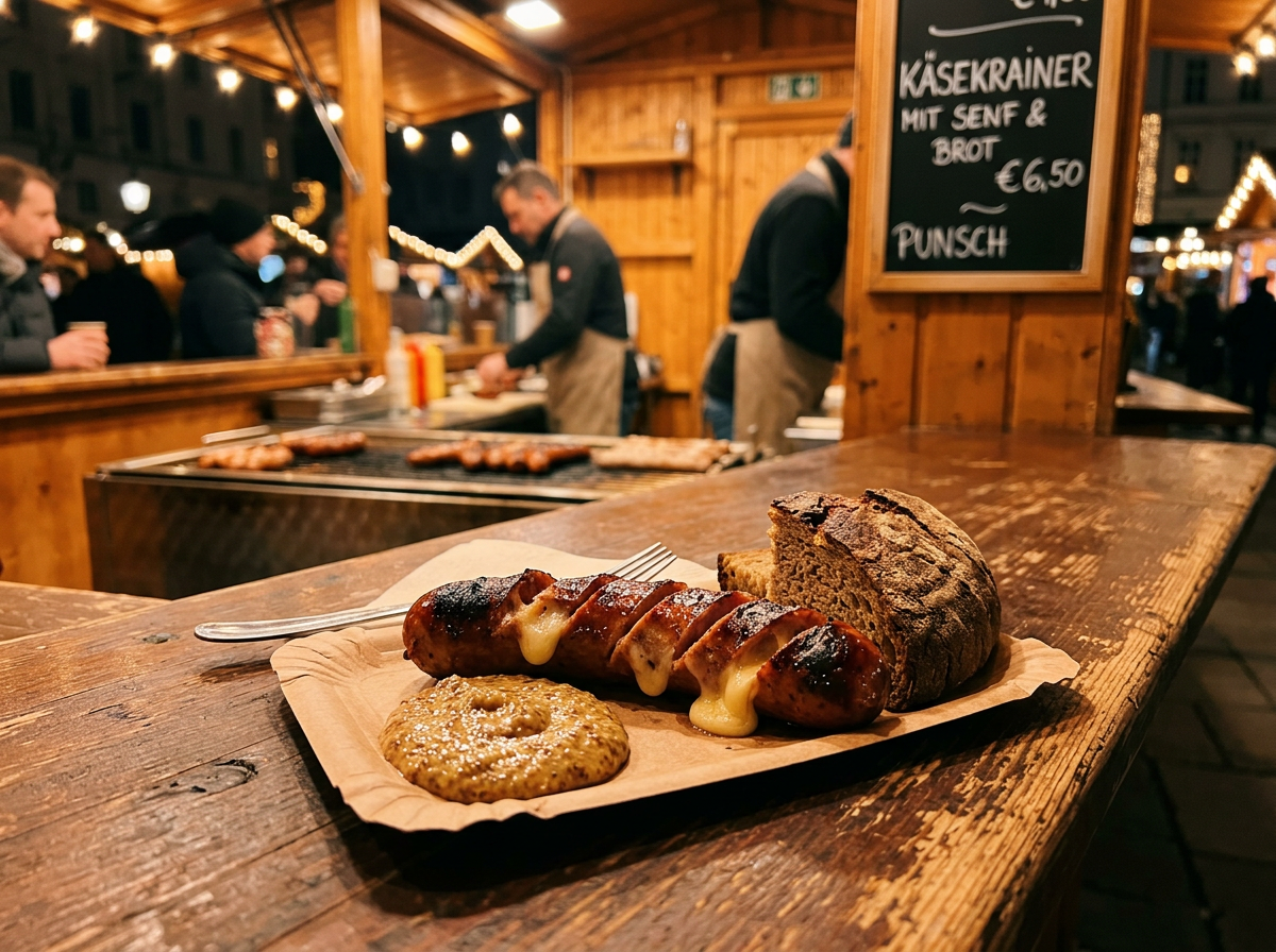 Wiener Würstelstand Theke mit frischem Brot und Senfgläsern