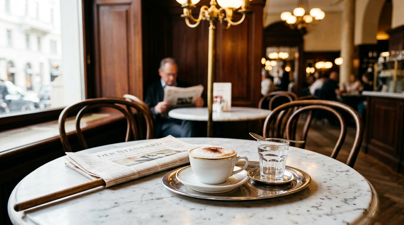 Wiener Kaffeehaus mit Marmortischen, Thonetstühlen und Melange auf Silbertablett