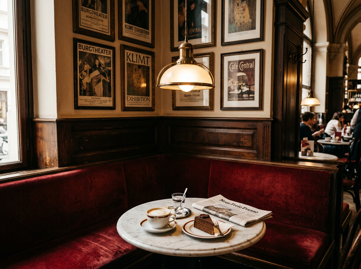 Gemütliche Nische im Café Sperl mit roten Samtpolstern und gedämpftem Licht