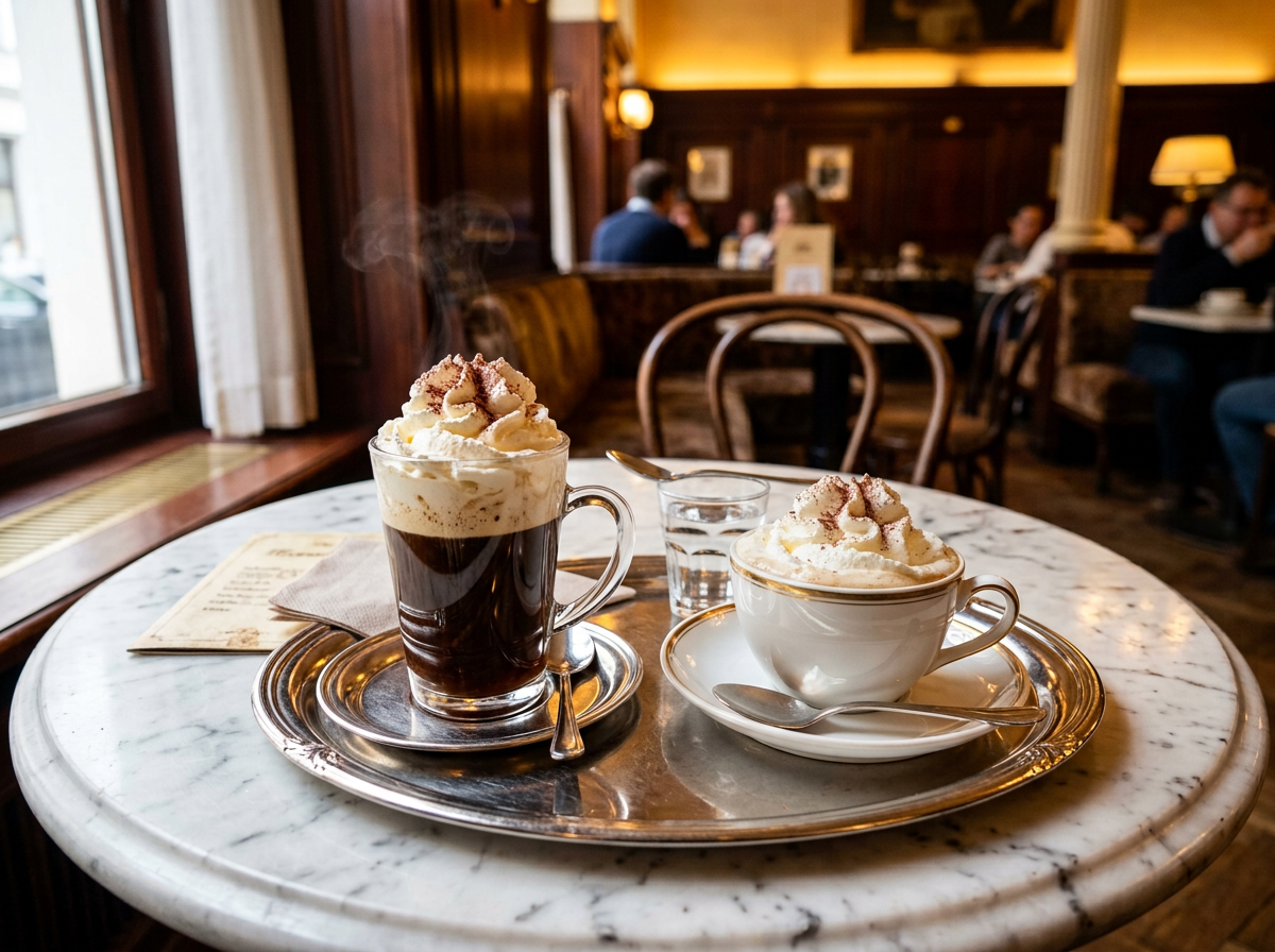 Wiener Einspänner im Glas mit Schlagobers und Melange in Porzellantasse