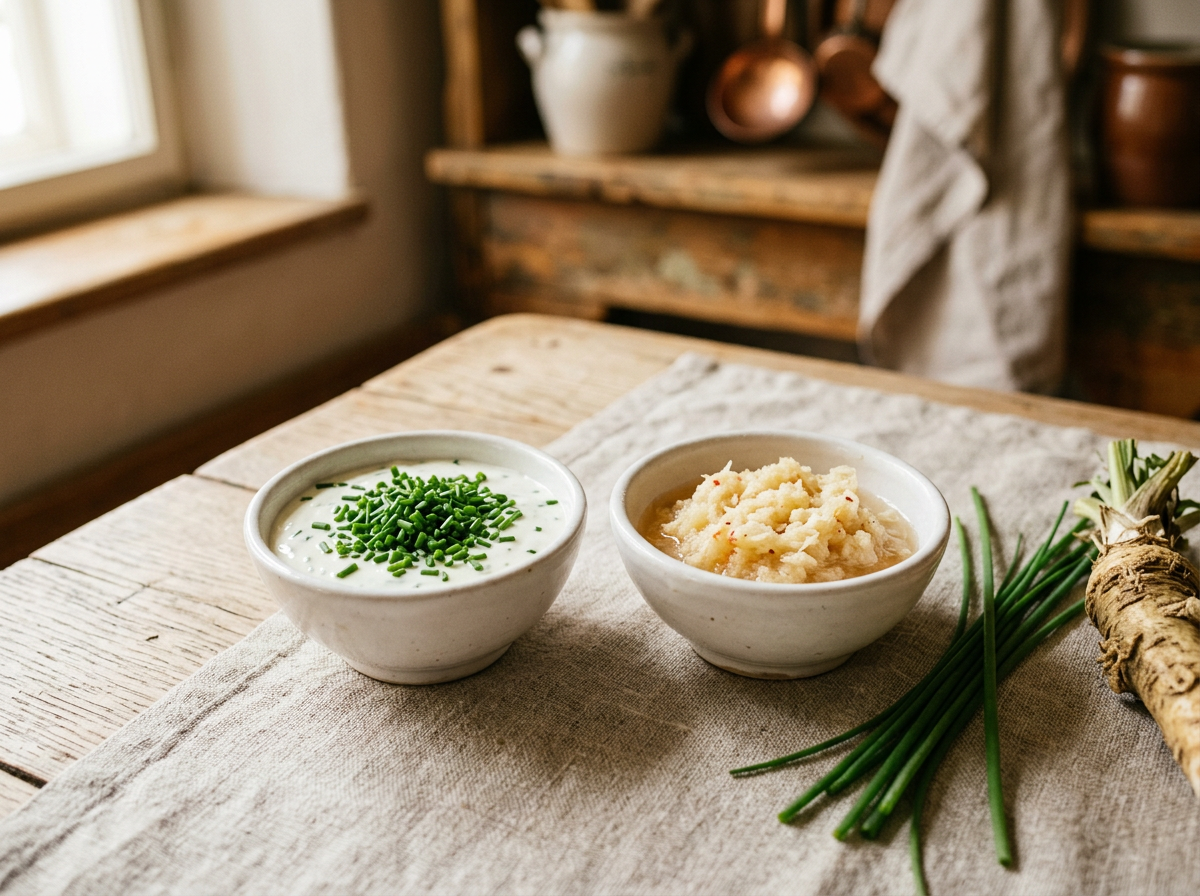 Wiener kalte Saucen: Schnittlauchsauce und Apfelkren in Keramikschalen