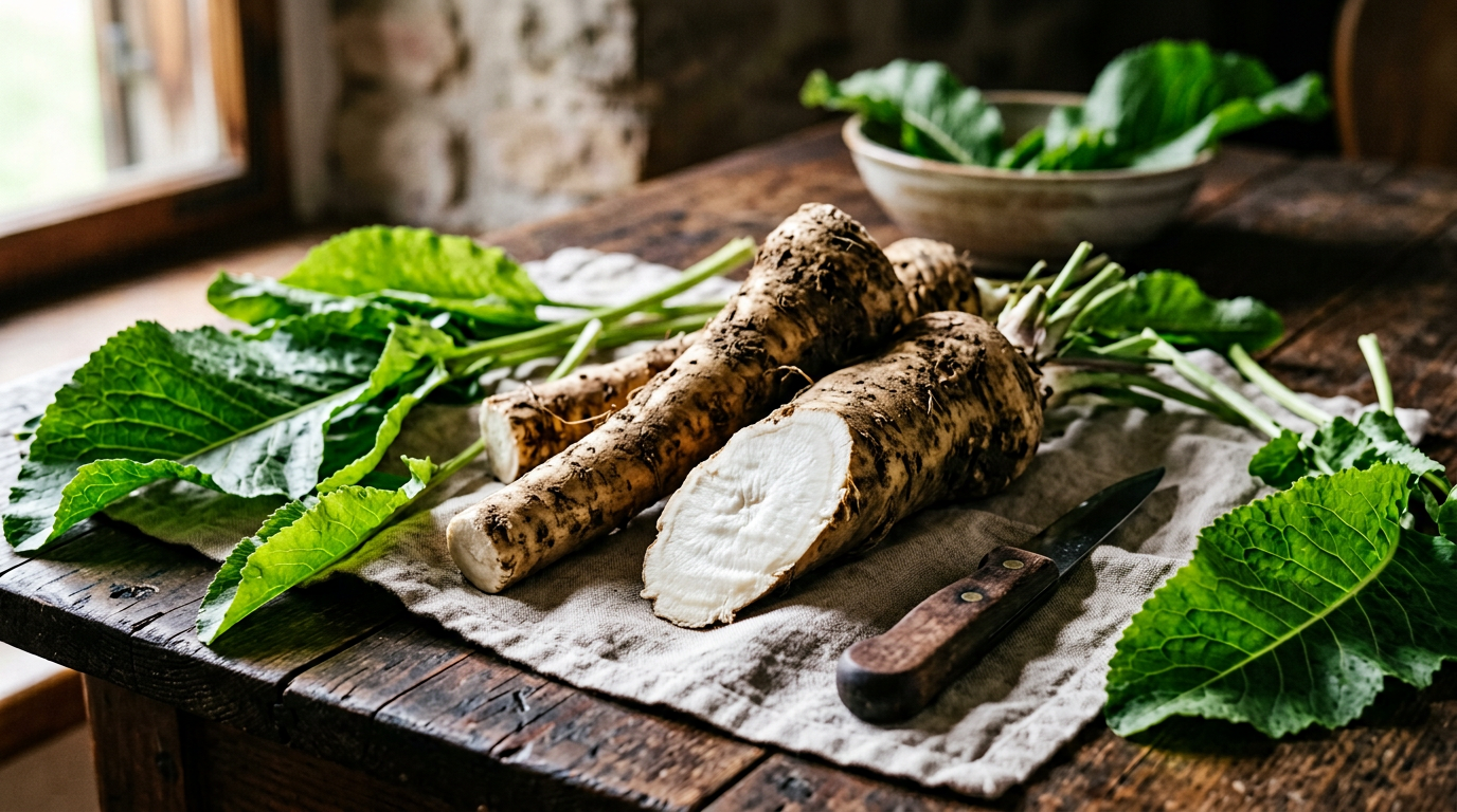 Frisch geerntete Krenwurzeln aus der Steiermark auf rustikalem Holztisch