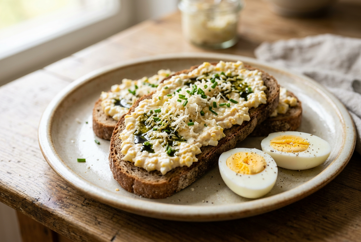 Steirischer Eierkren Brotaufstrich auf knusprigem Bauernbrot mit Kürbiskernöl