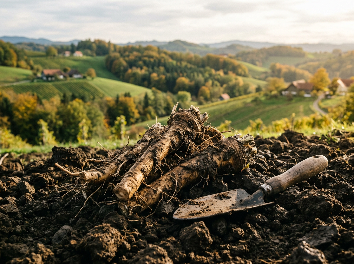 Steirische Lössböden und traditionelle Krenfelder im Herbstlicht